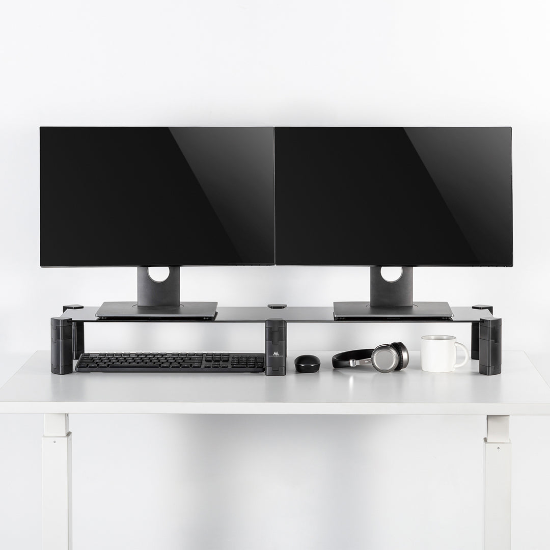 Maclean MC-936 Double Monitor Stand Shelf Height Adjustable Two Screens Stand Laptop Stand Tempered Glass Laptop 2 Monitors Stand Up To Max 20kg Black