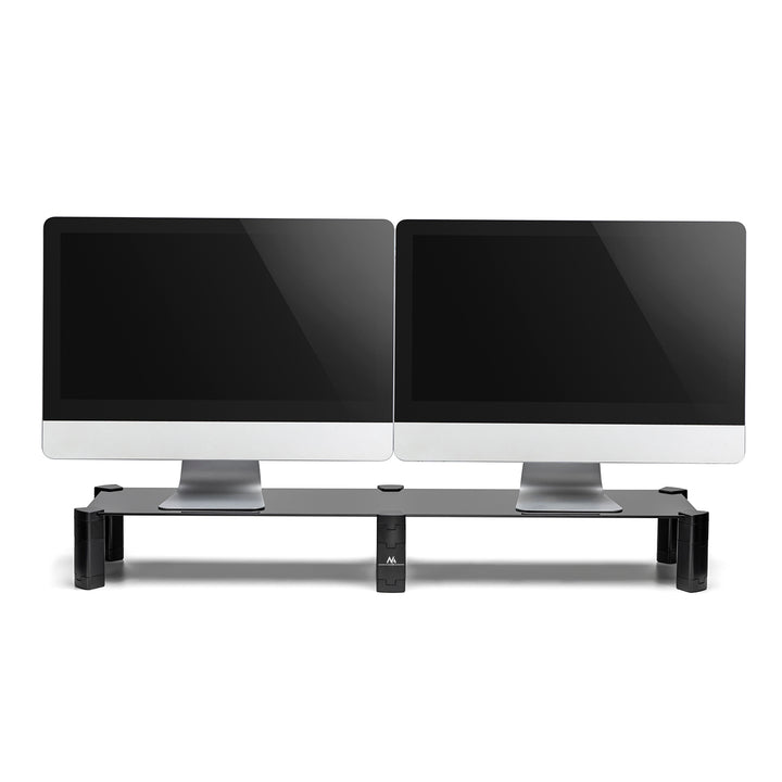 Maclean MC-936 Double Monitor Stand Shelf Height Adjustable Two Screens Stand Laptop Stand Tempered Glass Laptop 2 Monitors Stand Up To Max 20kg Black