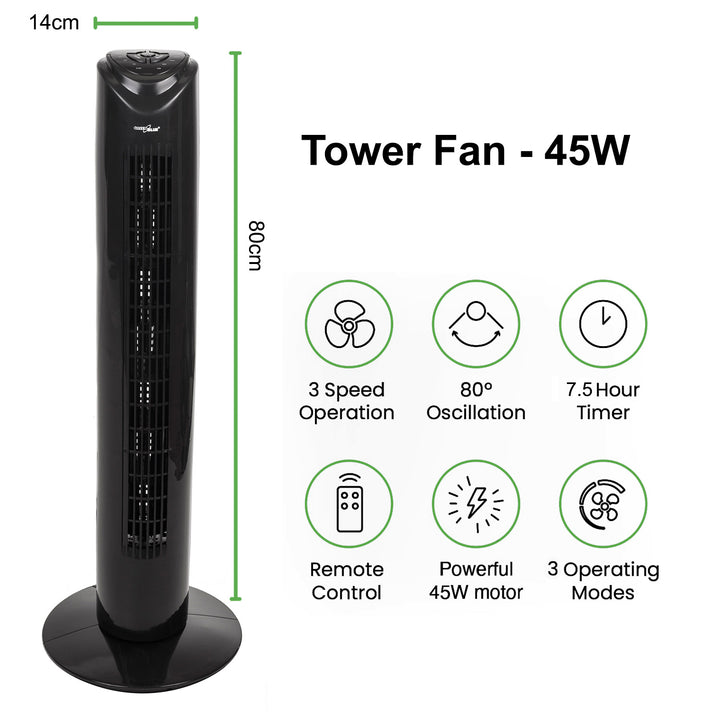 GreenBlue GB645 Oscillating Tower Fan with Remote Control 45W 3 Speeds 80° Rotation Silent Quiet Operation Timer Lightweight 3 Operation Modes