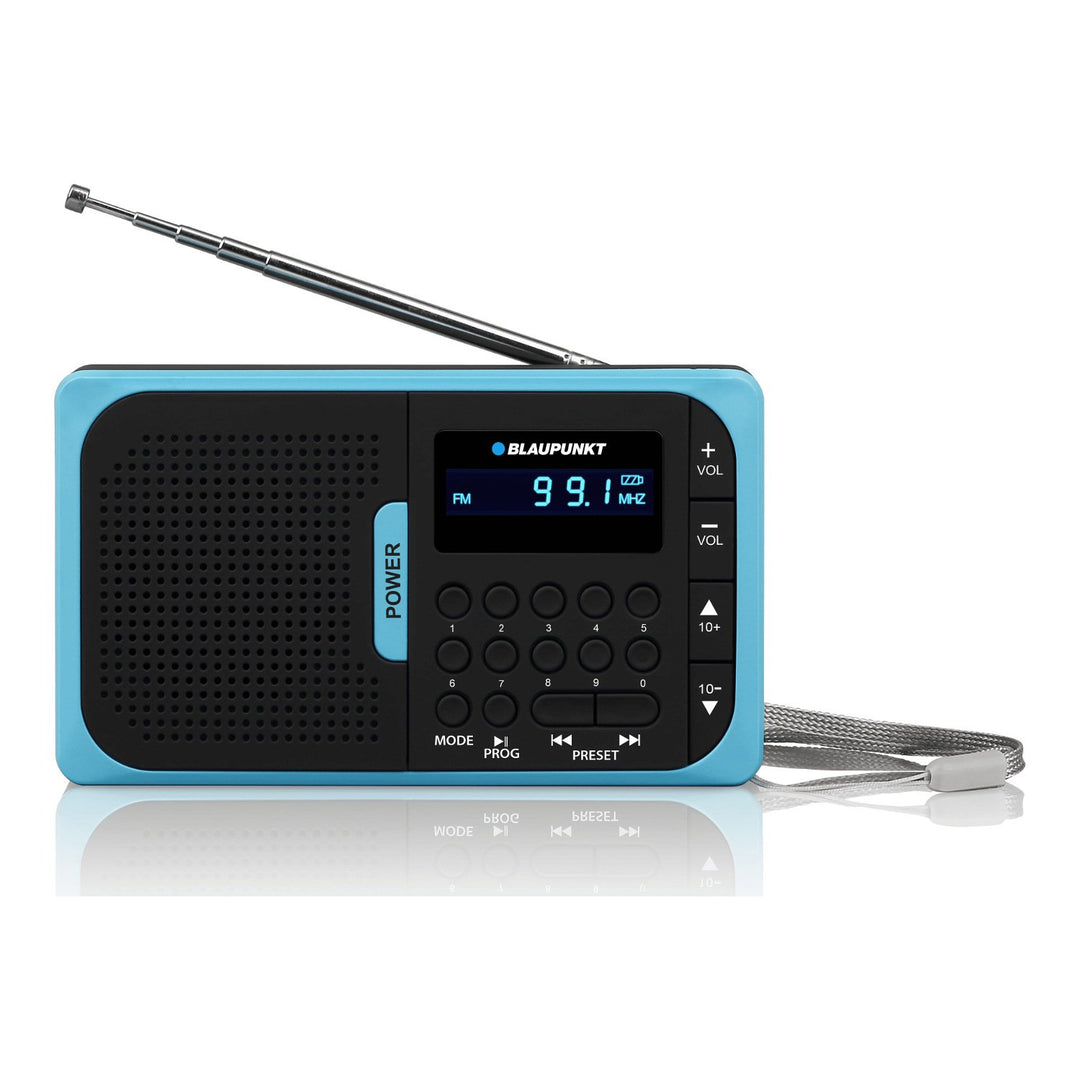 Blaupunkt PR5BL Raidió FM Inaistrithe USB SD MP3 Nua-Aimseartha Teileascópach Taispeána Antenna LCD Cadhnra Aschur Cluasáin Mini-Jack