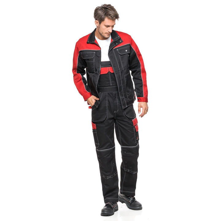 Helios Bib Pants Black and Red, Size 58 (108-113) – Sturdy and Comfortable Workwear with a Bold Design for Superior Performance and Durability