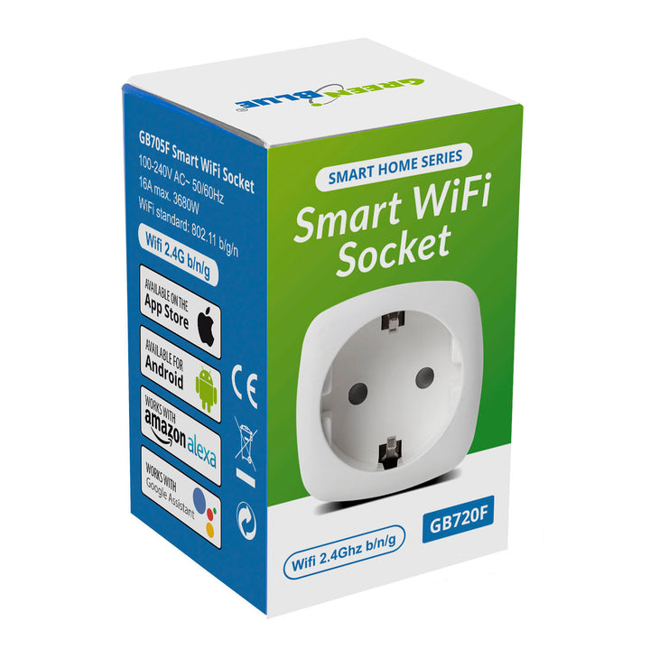 Soicéad cianrialaithe WiFi GreenBlue, Android/iOS/Alexa/Google Home, tomhaltas cumhachta, lasc ama, uasmhéid 3680W, cineál F, GB720 F. Fuinneamh, lasc ama, uasmhéid 3680W, cineál F, GB720 F