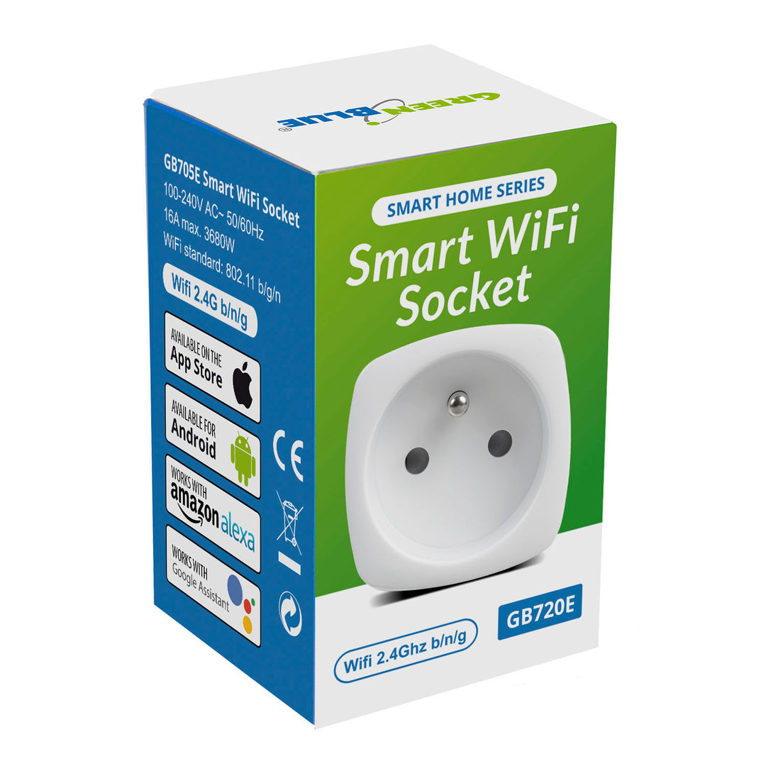 Soicéad cianrialaithe WiFi GreenBlue, Android/iOS/Alexa/Google Home, míbhuntáistí fuinnimh. Fuinneamh, lasc ama, uasmhéid 3680W, cineál E, GB720 E