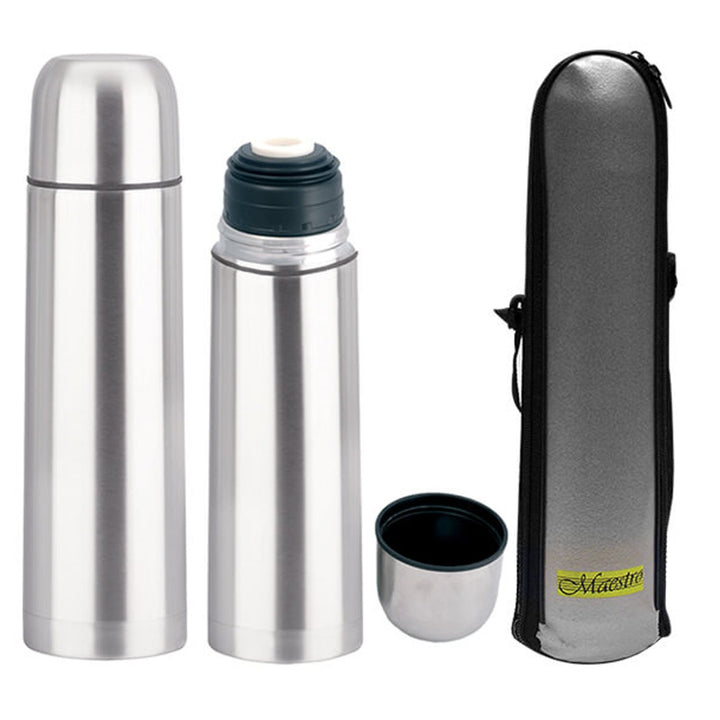 Stainless steel thermos flask with drinking cup and carrying bag for hot or cold drinks (750ml)