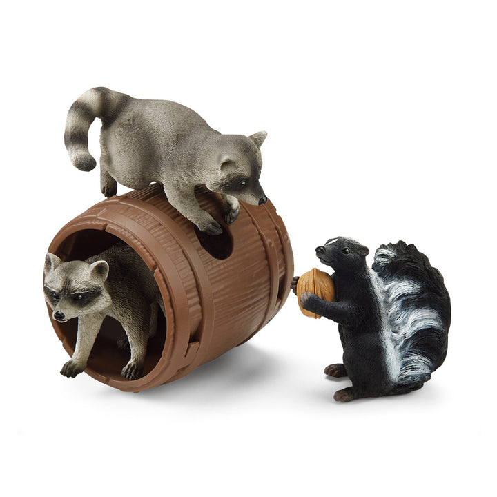 Schleich SLH42532 Nutty Mischief Wild Life Forest Animals Playset Figures 2 Raccoons Skunk Barrel Nut