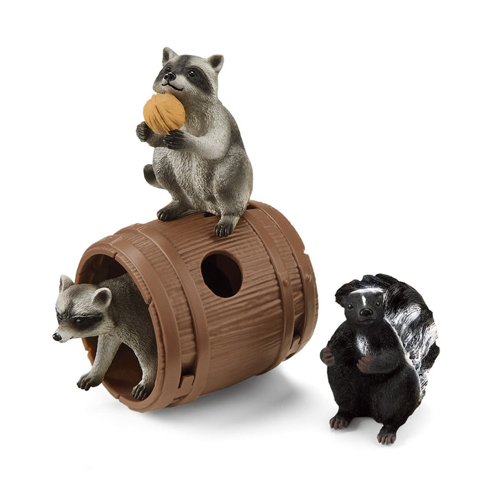 Schleich SLH42532 Nutty Mischief Wild Life Forest Animals Playset Figures 2 Raccoons Skunk Barrel Nut