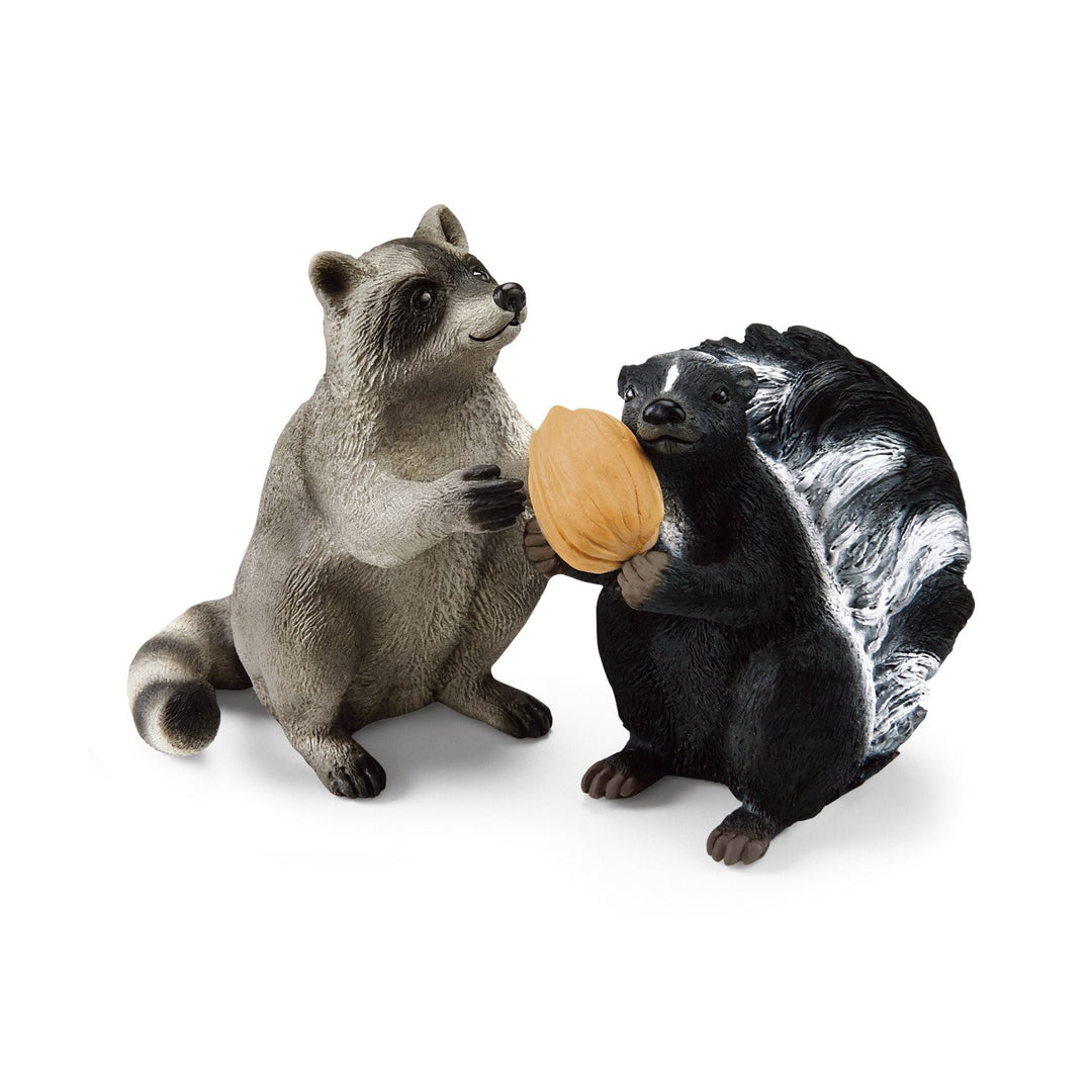 Schleich SLH42532 Nutty Mischief Wild Life Forest Animals Playset Figures 2 Raccoons Skunk Barrel Nut
