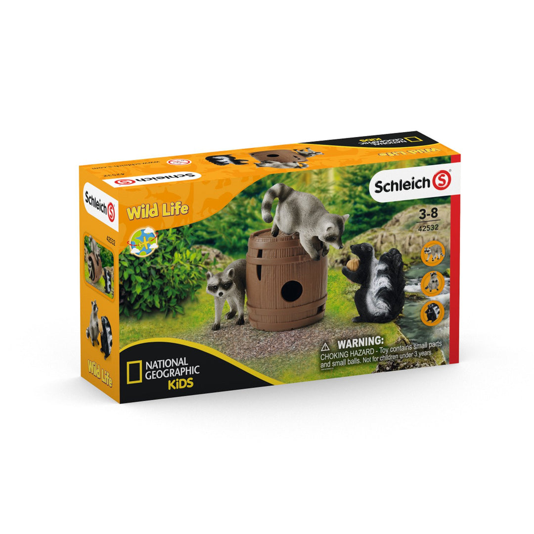 Schleich SLH42532 Nutty Mischief Wild Life Forest Animals Playset Figures 2 Raccoons Skunk Barrel Nut