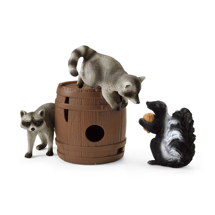 Schleich SLH42532 Nutty Mischief Wild Life Forest Animals Playset Figures 2 Raccoons Skunk Barrel Nut