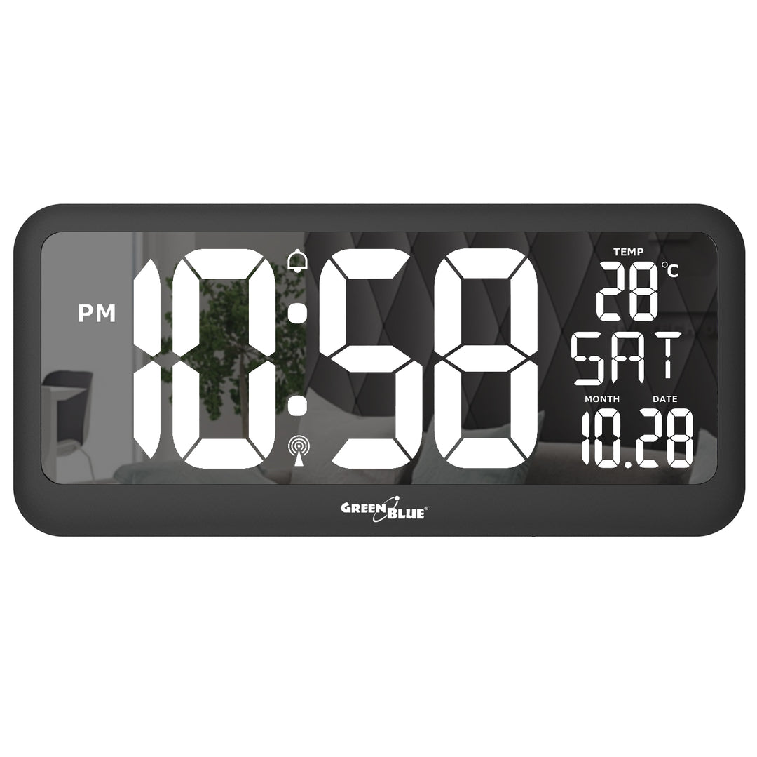 Large Digital Clock Wall Mount Free Standing with Temperature Sensor 37x17cm LCD Display Power Adapter & Battery Operated