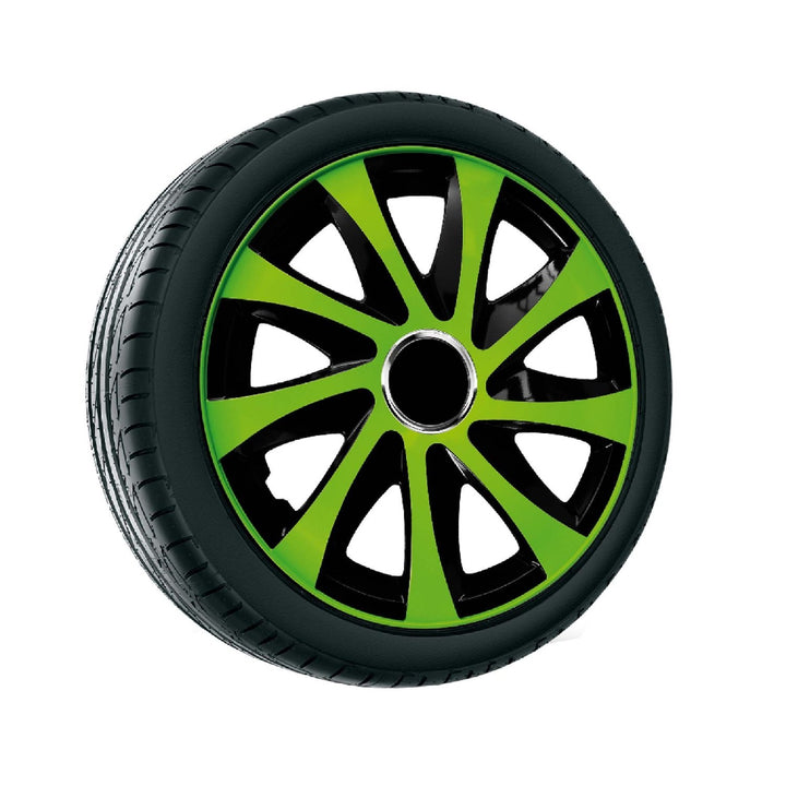 Drift Extra 14" Set of 4 Wheel Covers Green Black 4-Piece Set Hubcaps Trims 14 inch Universal ABS Plastic Adjustment Trim