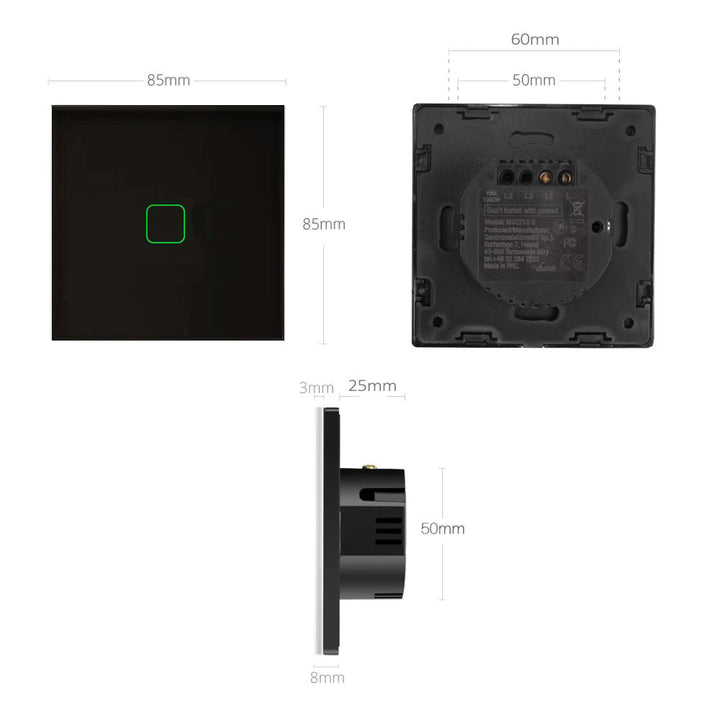 Maclean MCE713B Glass Touch Light Switch with LED Backlight Staircase 1-Gang 2-Way Black Square Button