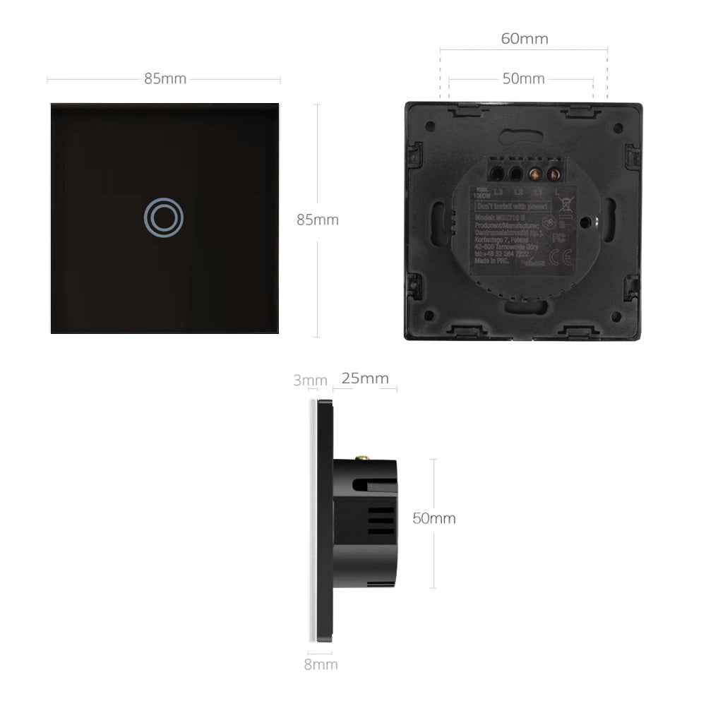 Maclean MCE710B Glass Touch Light Switch with LED Backlight Staircase 1-Gang 2-Way Black Round Button