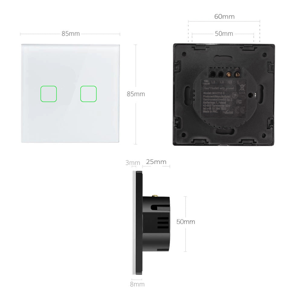 Lasc Solais Dteagmhála 2-huaire Cliste wifi Ag luí le Tuya APP Wall Switch Switch Glass Switch with Color Change LED Backlight Switch Cuasaithe 85x85mm (Uilleach 2-Fillte, Bán)