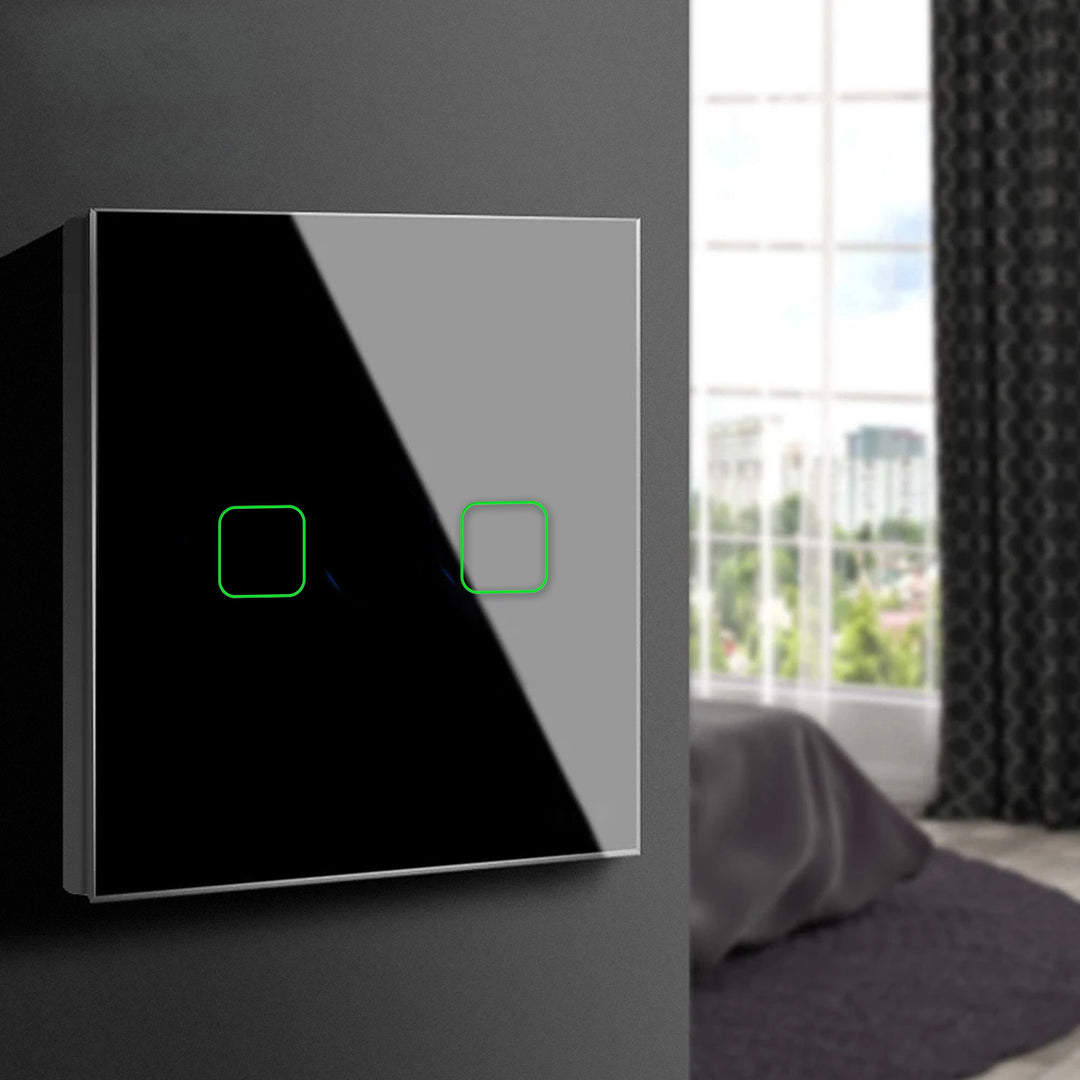 Lasc Solais Dteagmhála 2-huaire Cliste wifi Ag luí le Tuya APP Wall Switch Switch Glass Switch with Color Change LED Backlight Switch Cuasaithe 85x85mm (Uilleach 2-Fillte, Dubh)