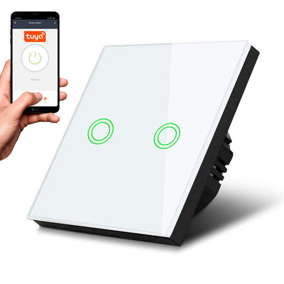 Smart WiFi 2-Fold Touch Light Switch Compatible with Tuya APP Wall Switch Glass Switch with Color Changing LED Backlight Recessed Switch 85x85mm (2-Fold Round, White)