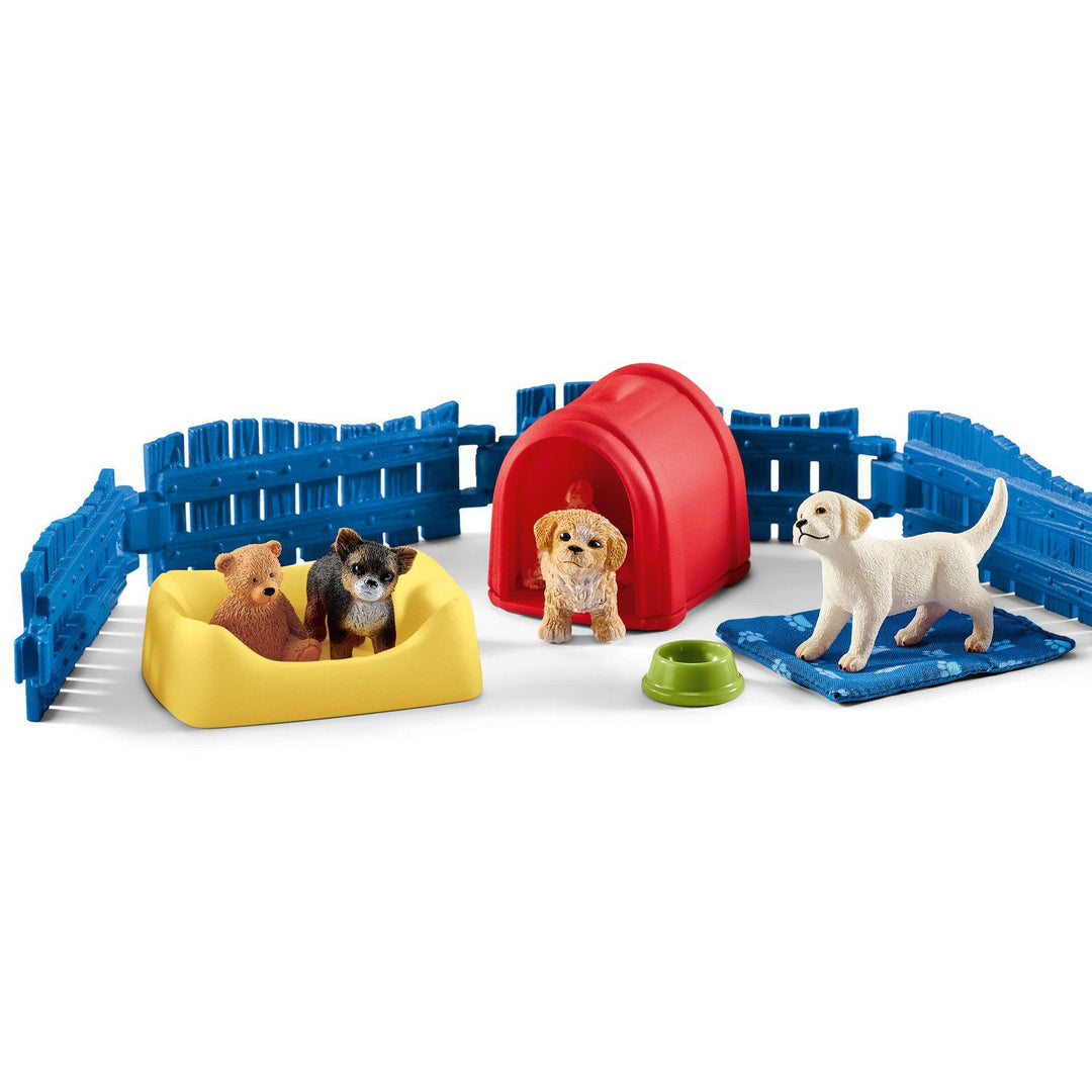 Schleich SLH42480 Feirme Schleich Madrín Domhanda Puppy Peann Playset Madra Figurine Peataí Ainmhithe Bréagán 13-Píosa