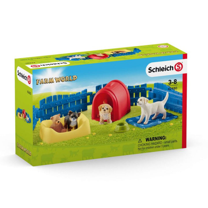 Schleich SLH42480 Feirme Schleich Madrín Domhanda Puppy Peann Playset Madra Figurine Peataí Ainmhithe Bréagán 13-Píosa