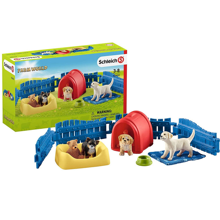 Schleich SLH42480 Schleich Farm World Puppy Pen Playset Dog Figurine Animal Pet 13-Piece Toy