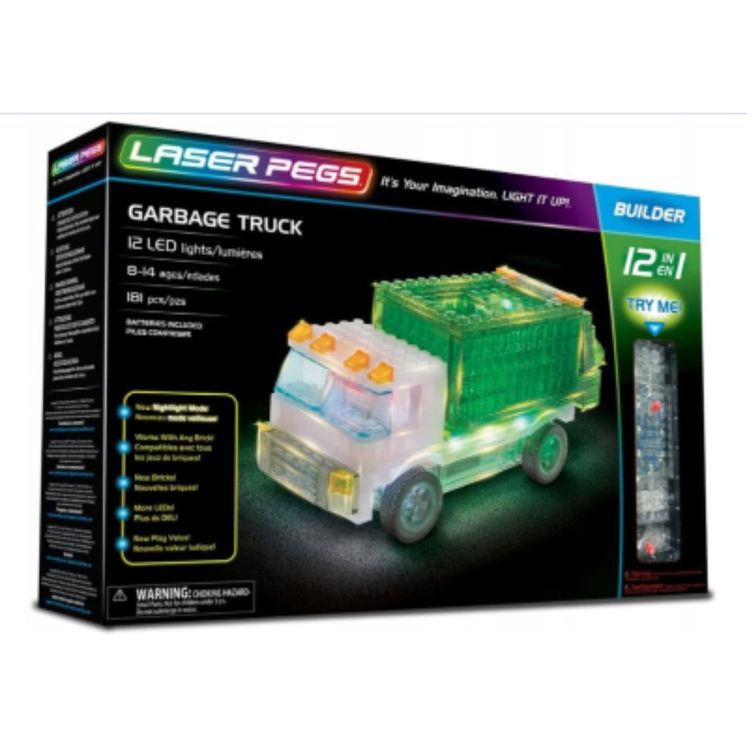 Laser Pegs 12-in-1 Garbage Truck LED Building Set - Creative Construction and Light-Up Fun for Kids