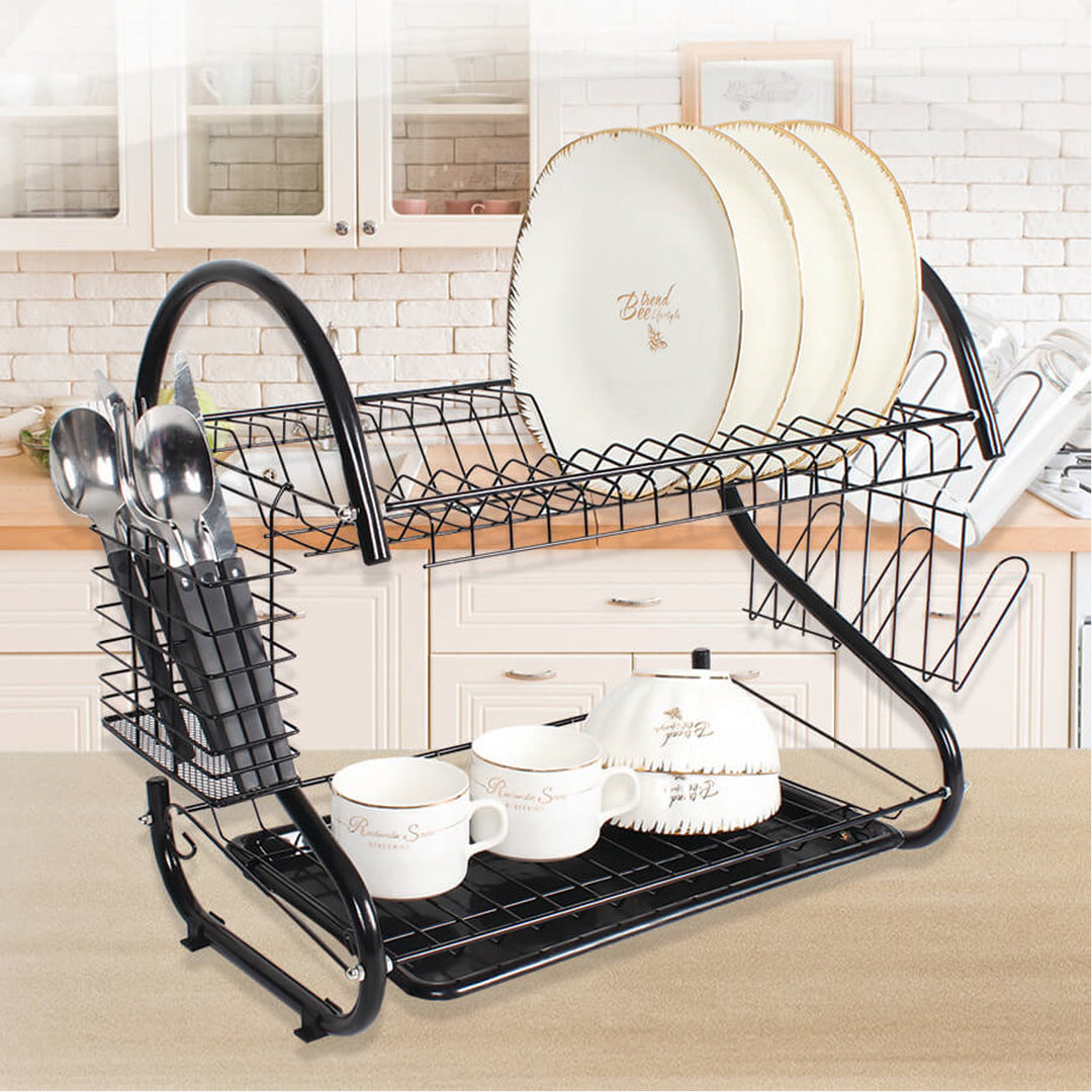 Dish Drainer Rack Dryer 2 Tier Removable Drip Tray Sink Plate Bowl Scratch Resistant