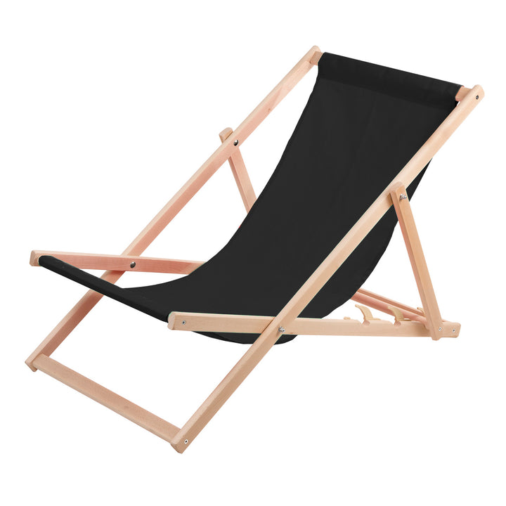 Wood OK Beech Wooden Deck Chair - Black Reclining Backrest Large Seat Sturdy