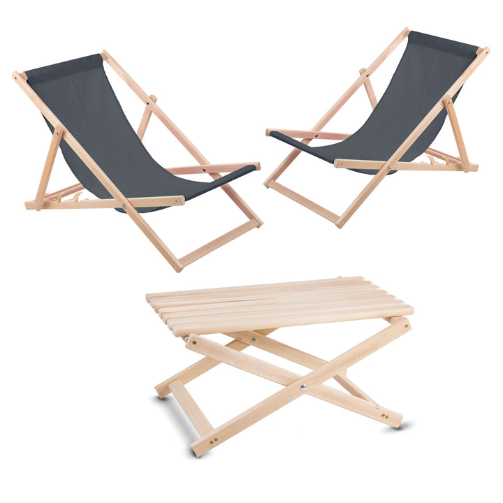 Garden Set of 2 Gray Wooden Deck Chairs and Table Beech Wood Loungers Balcony Garden Beach