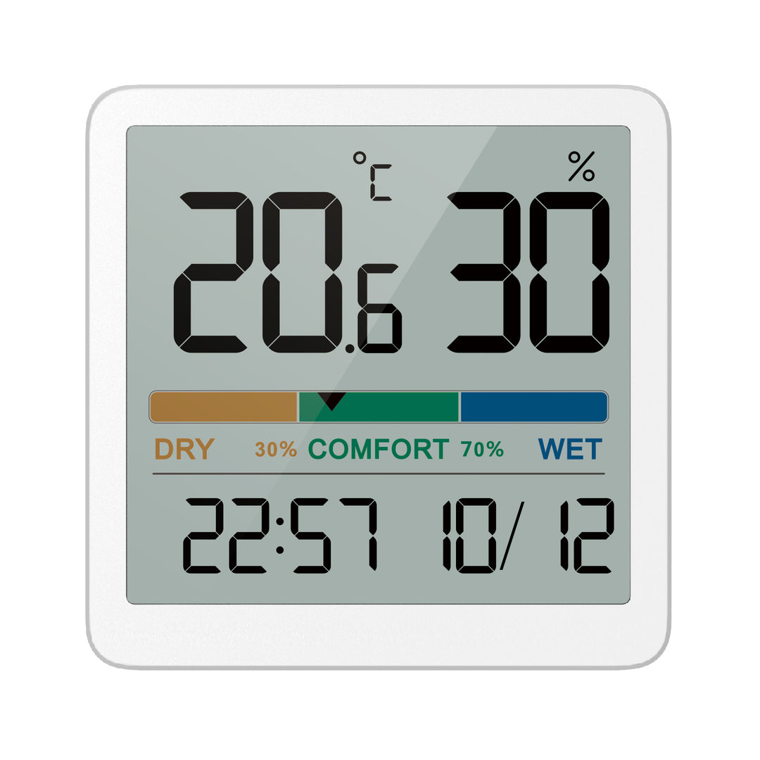 Teirmiméadar Stáisiún Aimsire Hygrometer Clog Teocht Taiseise LCD Battery Inaistrithe