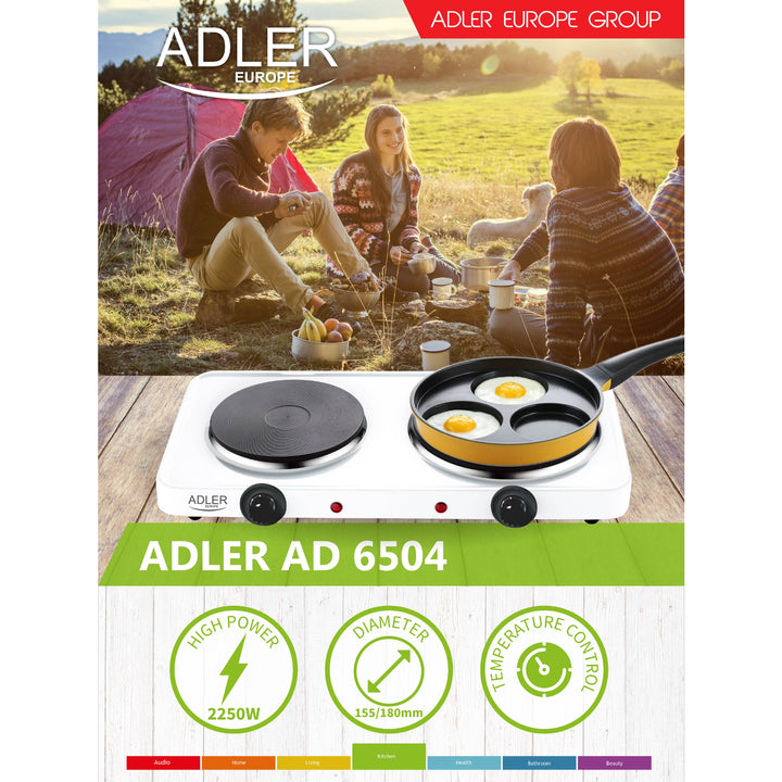 Adler AD 6504 Cócaire Sorn Pláta Te Leictreach 2500W 2-Dóiteán 1000W + 1500W Mini Inaistrithe