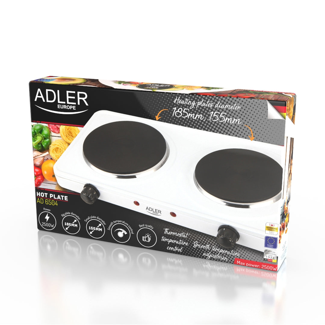 Adler AD 6504 Cócaire Sorn Pláta Te Leictreach 2500W 2-Dóiteán 1000W + 1500W Mini Inaistrithe