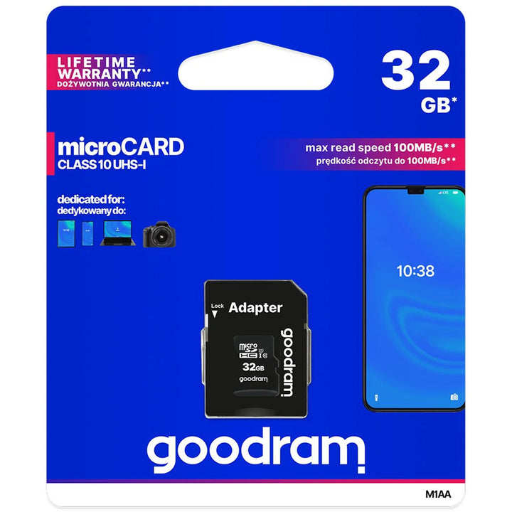 Cárta cuimhne 32GB microSD + SD rang 10 adapter UHS-I Goodram