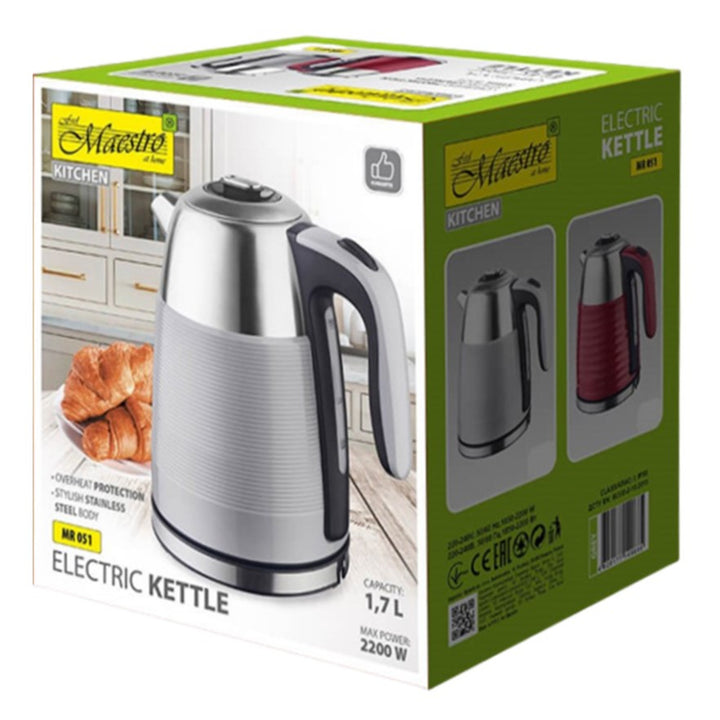 Maestro MR-051 Cordless Electric Water Kettle 1.7L - Grey Stainless Steel Overheating Protection Stylish