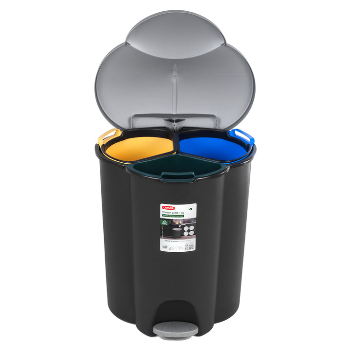 CURVER Waste Rubbish Can 40L Pedal Sorting Garbage Can Waste 3 Compartments Waste Separation System Inner Plastic Bucket