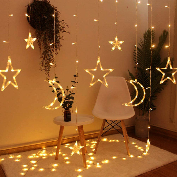 LED String of Lights with Moon & Star Curtain Garland Lights Christmas 5.2m 8 Modes 120 LEDs 3000K Warm White 3W Plug-in Electric Corded