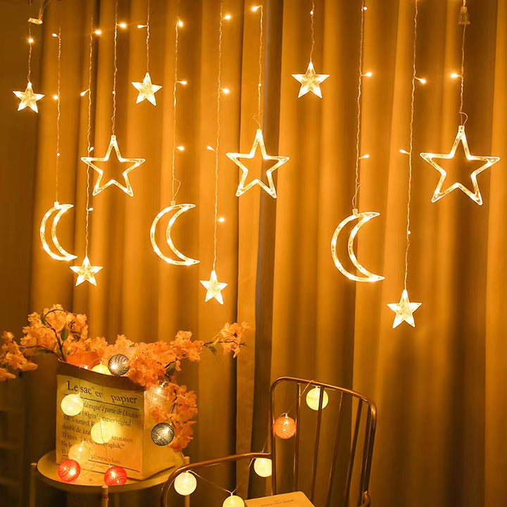 LED String of Lights with Moon & Star Curtain Garland Lights Christmas 5.2m 8 Modes 120 LEDs 3000K Warm White 3W Plug-in Electric Corded