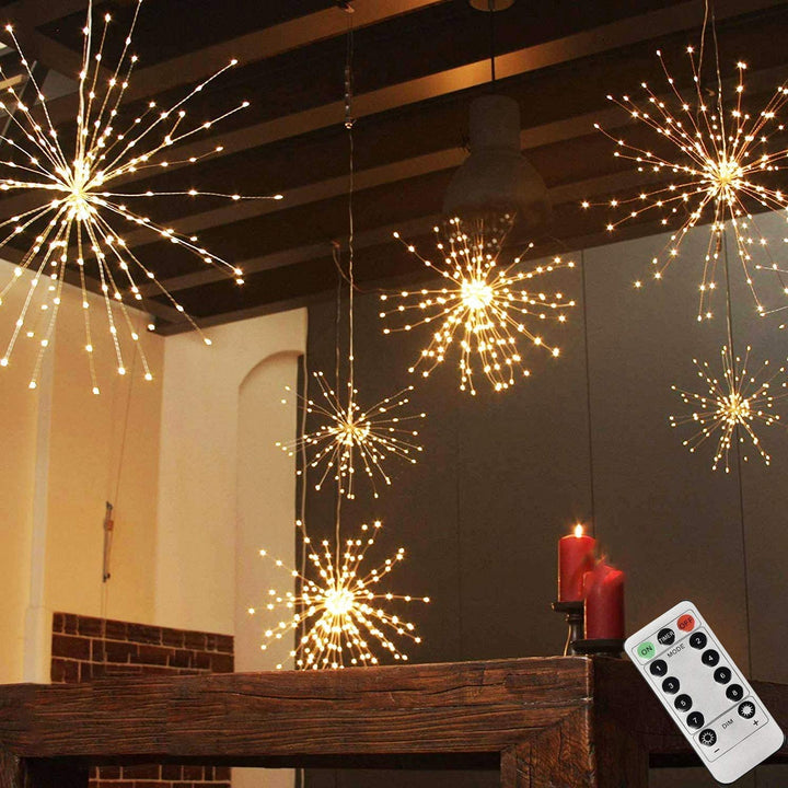 3D LED Star Fireworks Hanging LED Light Decorative Starburst Lamp 4xAA Battery Operated 8 Modes IP44 Warm White with Remote Control Indoor Outdoor