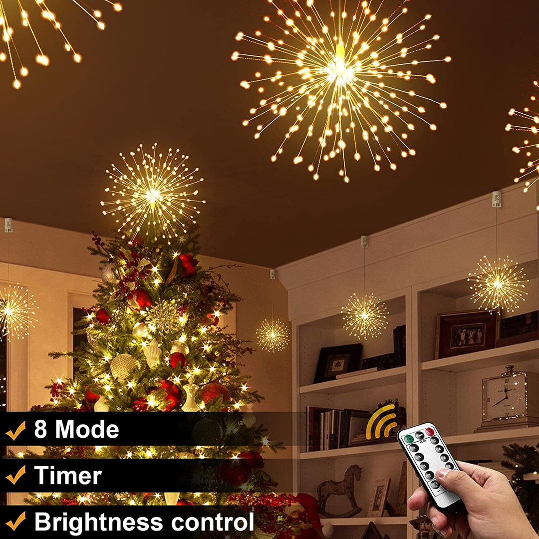 3D LED Star Fireworks Hanging LED Light Decorative Starburst Lamp 4xAA Battery Operated 8 Modes IP44 Warm White with Remote Control Indoor Outdoor