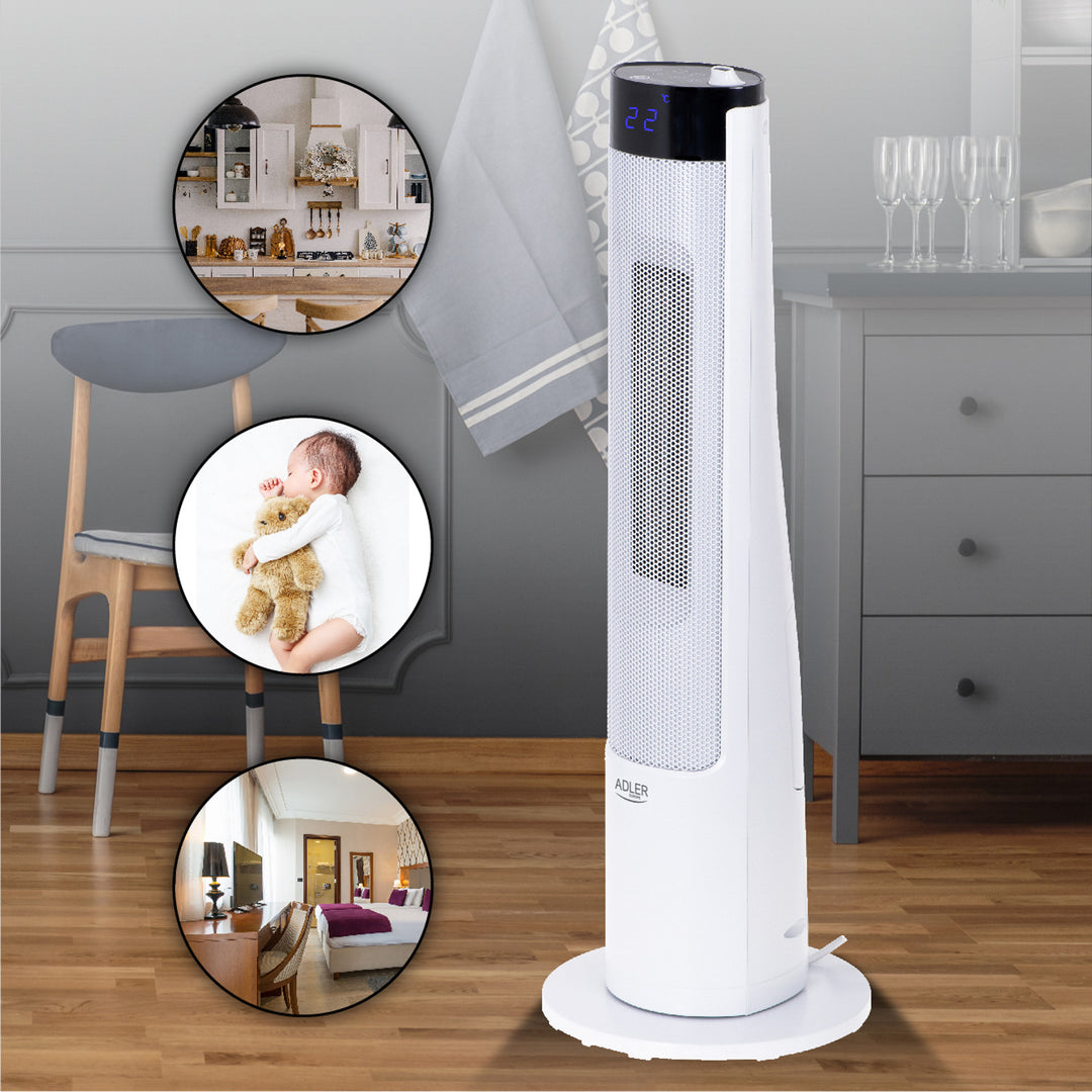 Adler AD 7730 2in1 LCD Tower Heater with Humidifier 2200W Ceramic Heating Element Fan Only Mode Thermostat Timer Oscillating