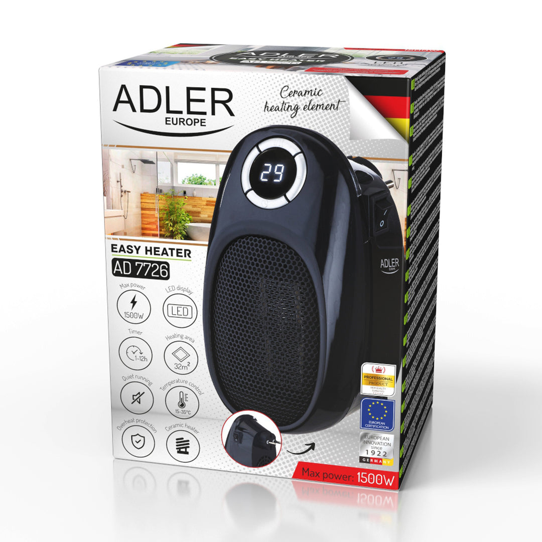 Adler AD 7726 Plug In Fan Heater 1500W Easy Heater Thermo Fan with LED Display 32 m2 Compact Timer Thermostat