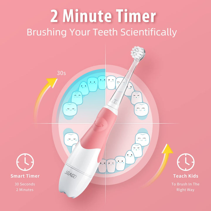 SEAGO SG-513 Pink Children's Sonic Toothbrush, Pink, 1xAAA 1.5V (not included), 4 tips