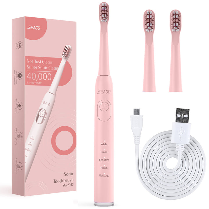 SEAGO SG-2303 Scuab fiacla Pink Sonic, Ceallraí 700 mAh, 5 Modh, 3 Leid