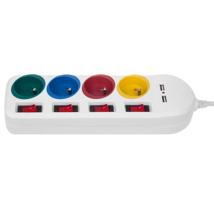 Maclean power strip, extender 4 sockets + 2xUSB, with switches, 250VAC/10A, 2.1A 5V, 1.5m, white, MCE229 W