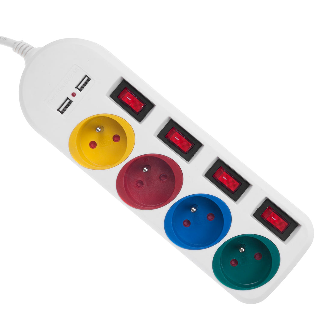 Maclean power strip, extender 4 sockets + 2xUSB, with switches, 250VAC/10A, 2.1A 5V, 1.5m, white, MCE229 W