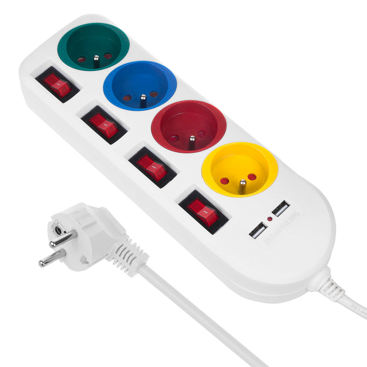 Maclean power strip, extender 4 sockets + 2xUSB, with switches, 250VAC/10A, 2.1A 5V, 1.5m, white, MCE229 W