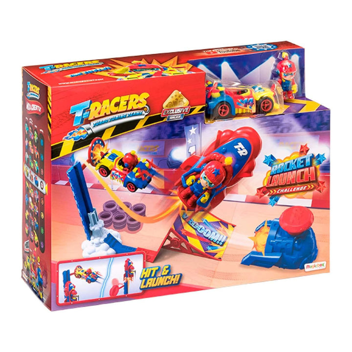 T-Racers Dúshlán Seoladh Roicéid Playset Set Uathúil Gluaisteán Feithicle Rampa Fíoracha