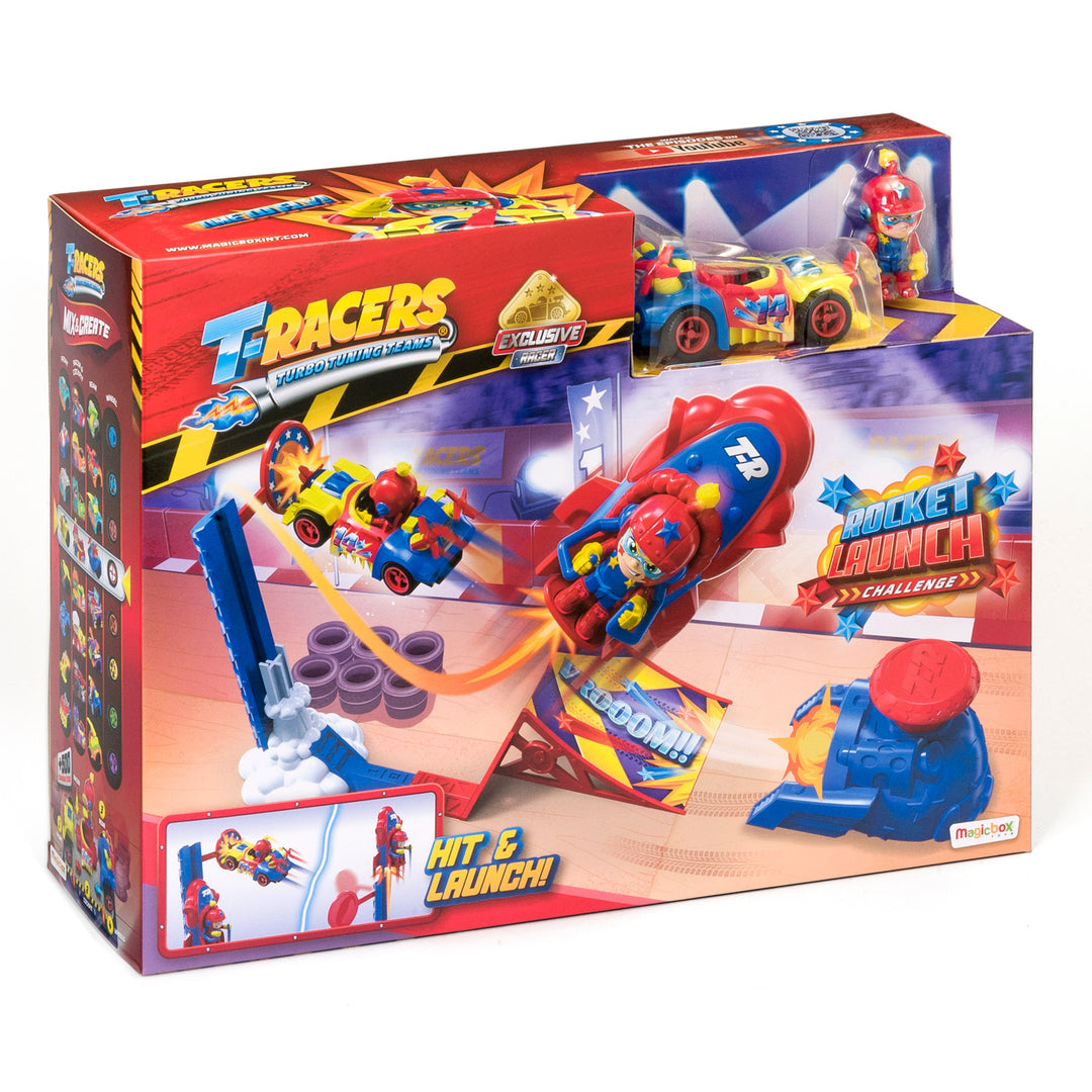 T-Racers Dúshlán Seoladh Roicéid Playset Set Uathúil Gluaisteán Feithicle Rampa Fíoracha