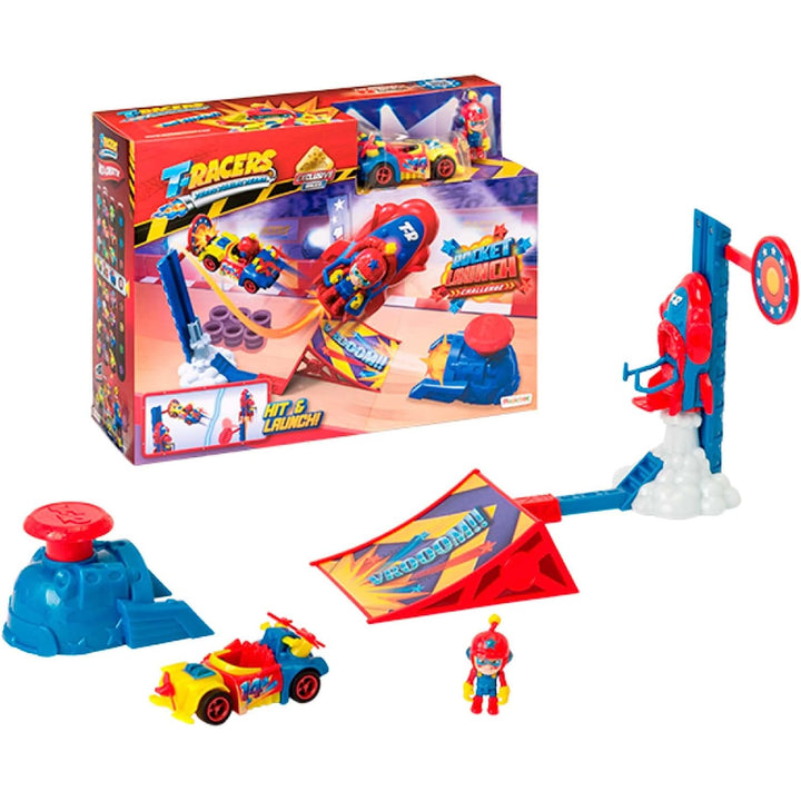 T-Racers Dúshlán Seoladh Roicéid Playset Set Uathúil Gluaisteán Feithicle Rampa Fíoracha