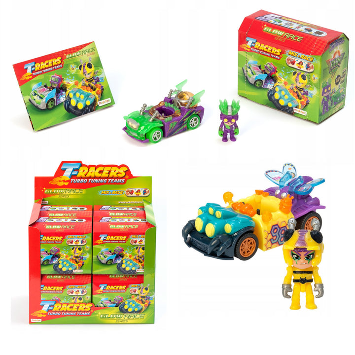 T-Racers Roth Turbo Glow Rás Meascán Feithicil Carranna Randamach + Figurine Set Inbhailithe