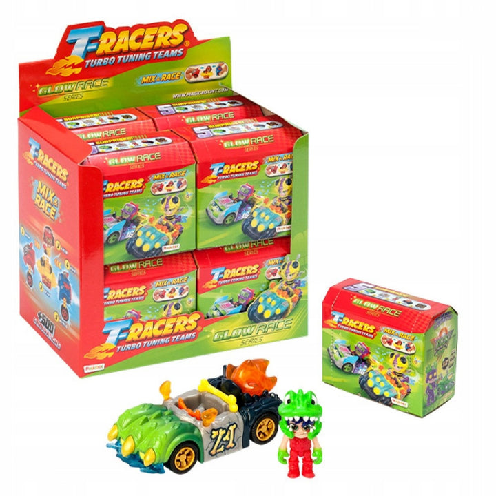 T-Racers Roth Turbo Glow Rás Meascán Feithicil Carranna Randamach + Figurine Set Inbhailithe