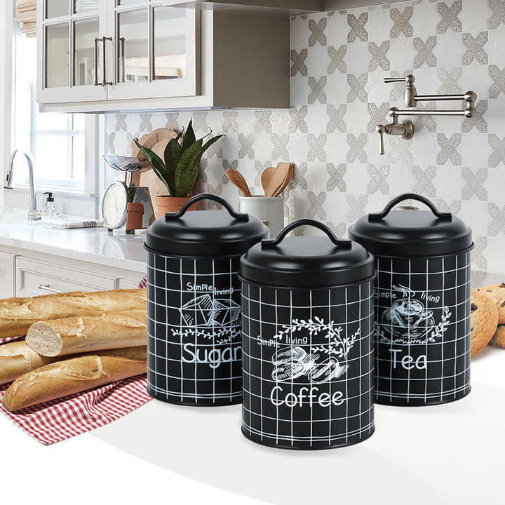 Coimeádáin Stórála Socraigh Cistine 3 PCS Jar Miotal Tae Caife Siúcra